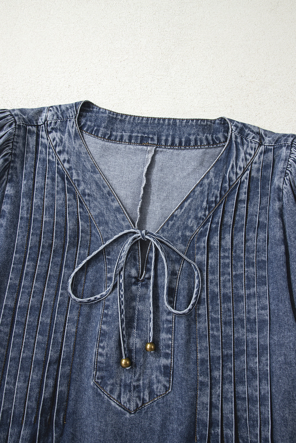 Denim 3/4 Sleeve Tied V-Neck Pleated Mini Dress