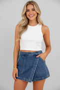 Solid Denim Faux Wrap Mini Skort