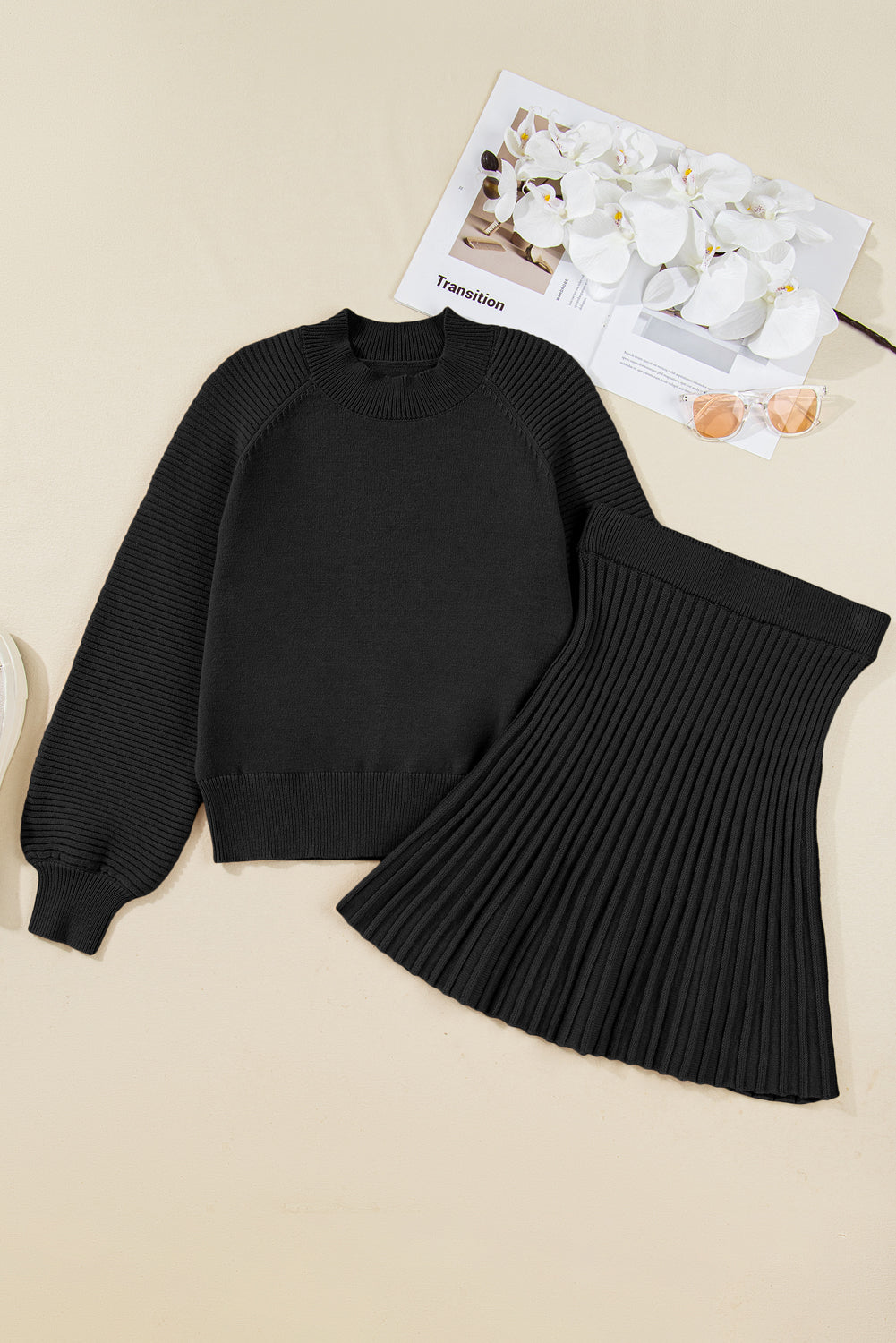 Solid High Neck Sweater and Pleated Mini Skirt Set