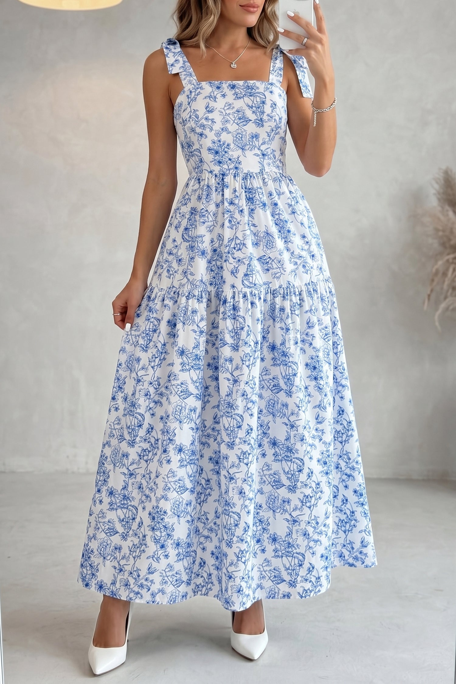 Floral Tie Strap Flared Maxi Dress