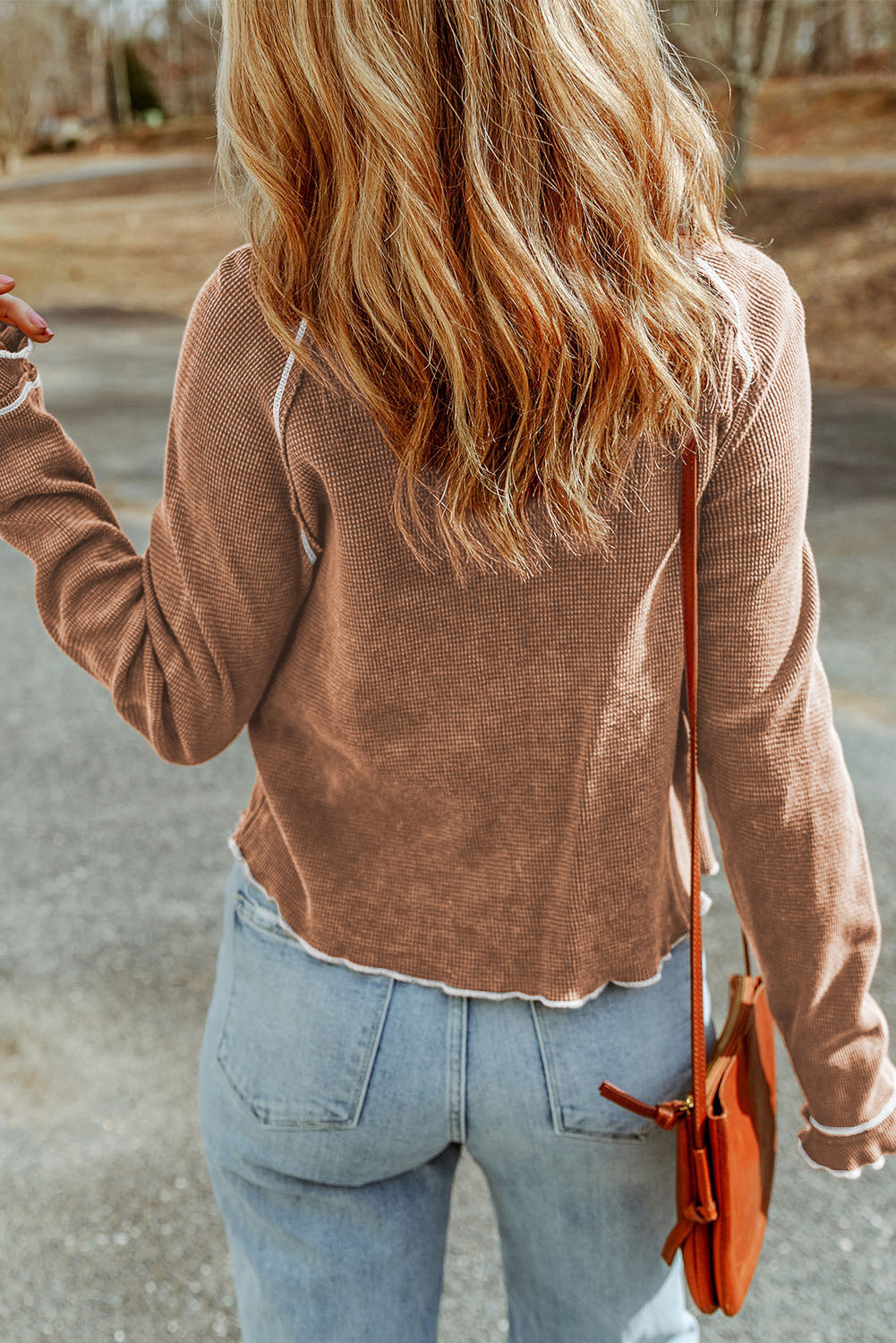 Solid Waffle Knit Round Neck Long Sleeve Top