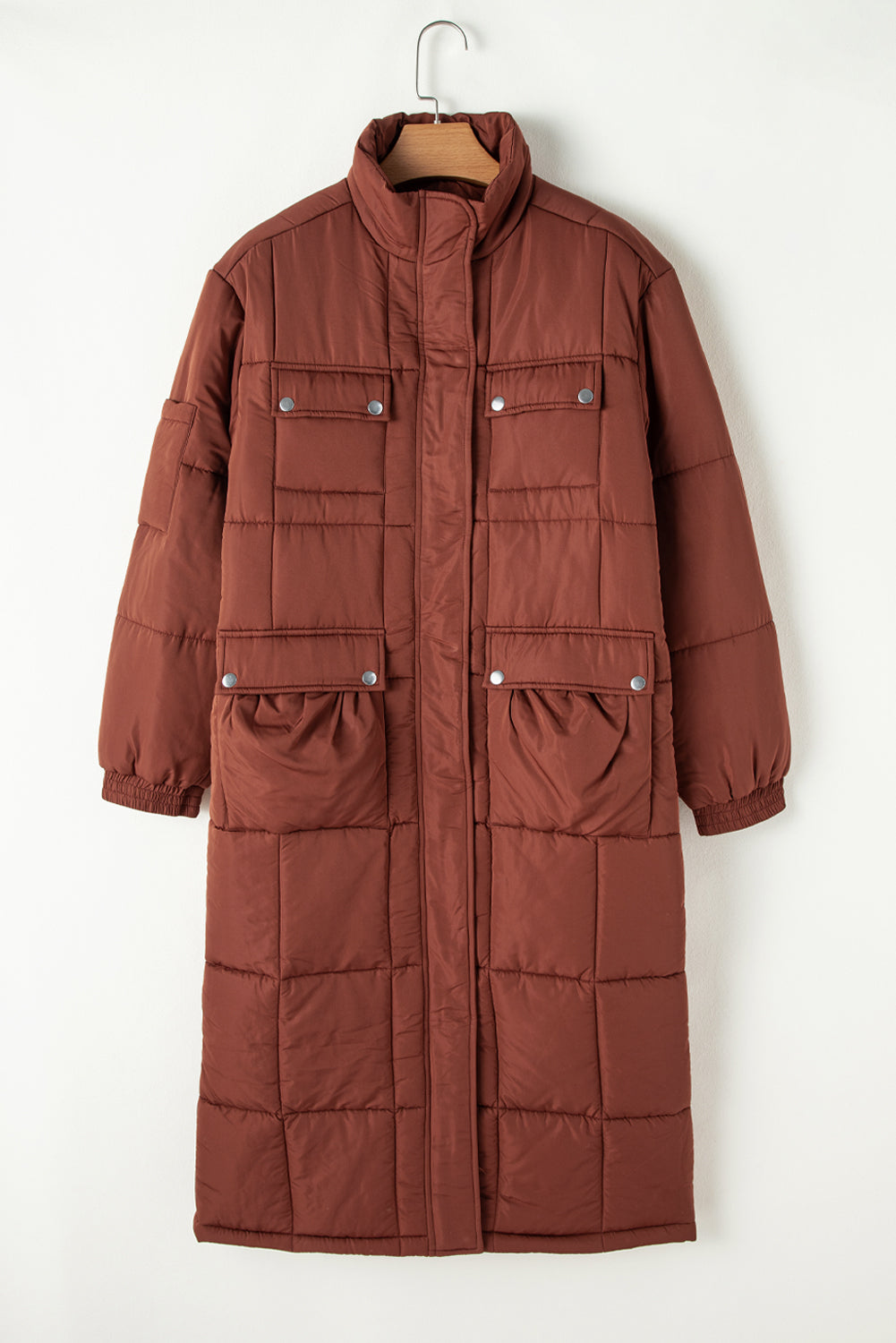 Solid Quilted Stand-Neck Zip-Up Buttoned  Puffer Coat