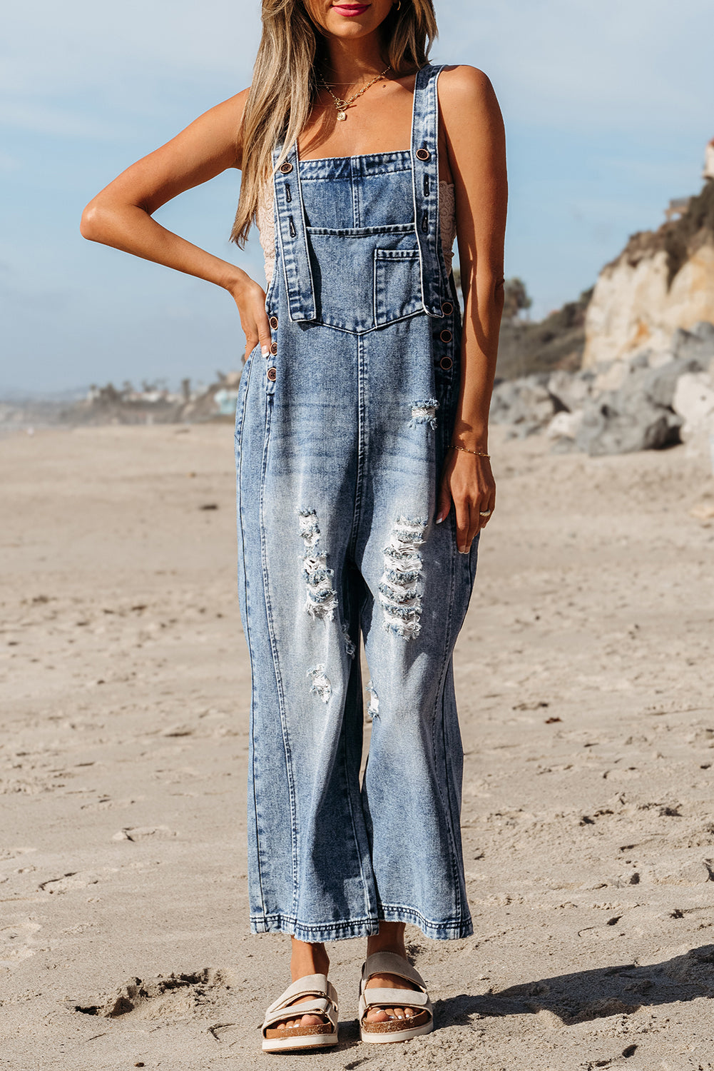 Solid Denim Distressed Bib Pocket Wide Leg Overall