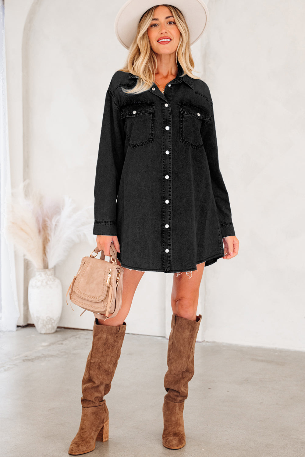 Solid Denim Chest Pocket Raw Hem Shirt Dress