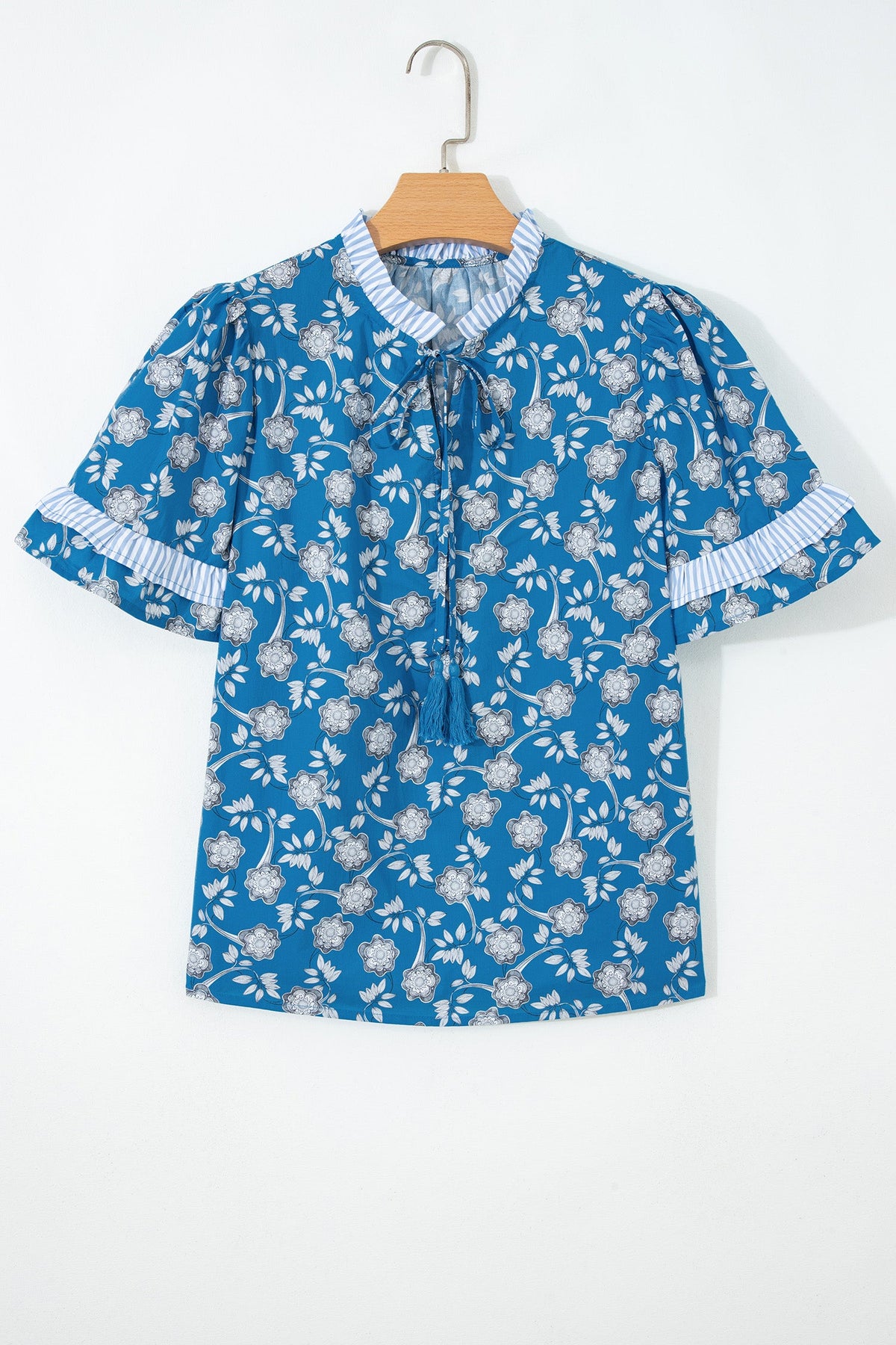 Floral Stripe Trim Tie-Neck Short Sleeve Blouse