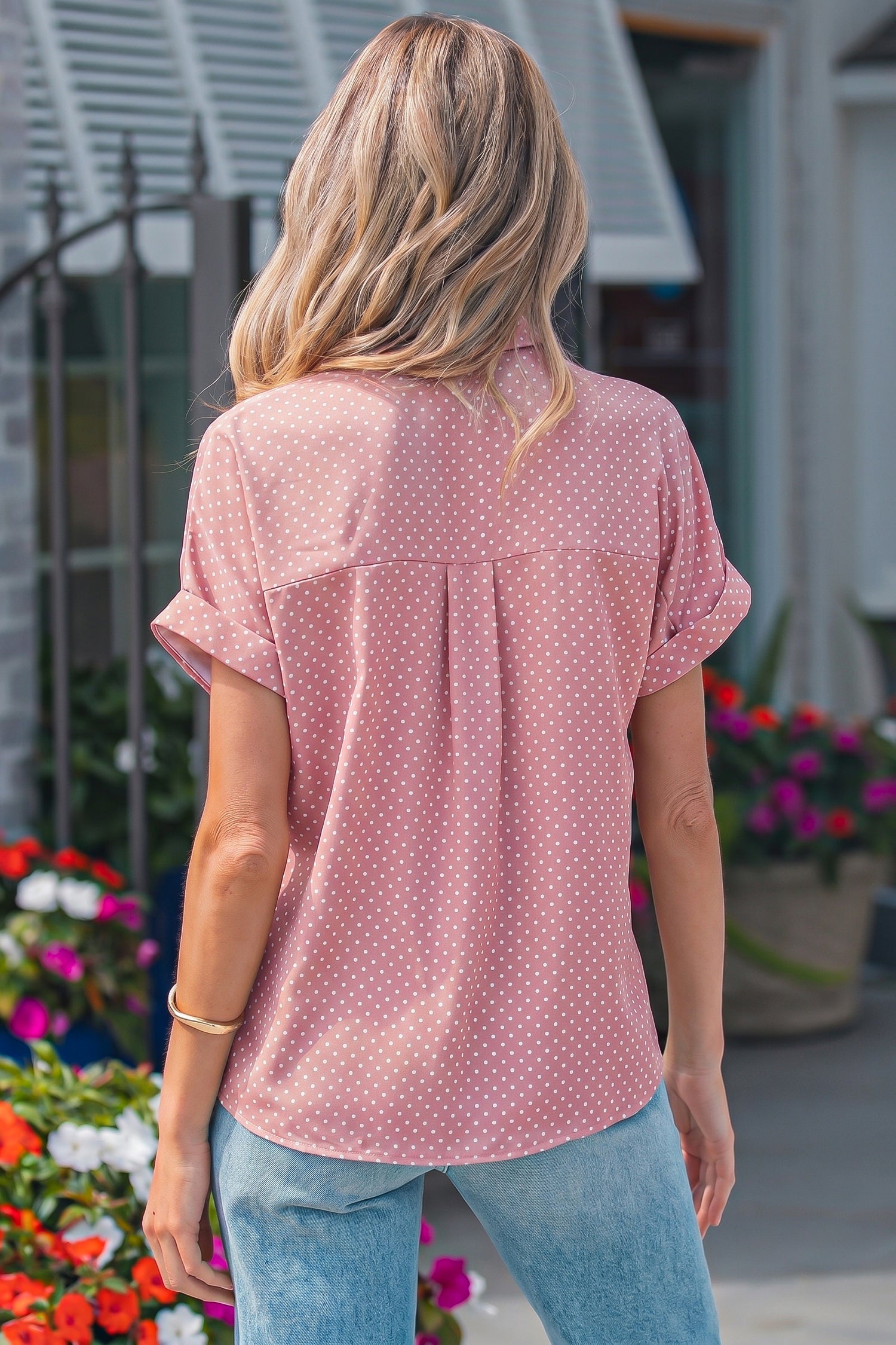 Polka Dot Cuffed Short Sleeve Shirt