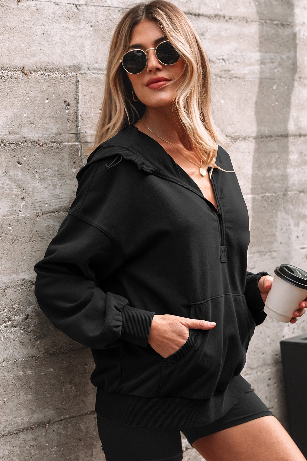 Solid Half-Zip Kangaroo Pocket Baggy Hoodie