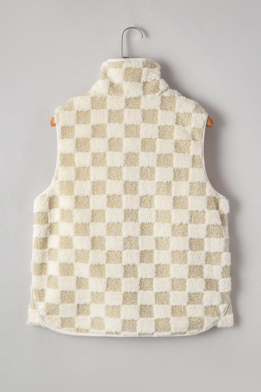 Checker Sherpa Snap Button Vest Jacket With Pockets