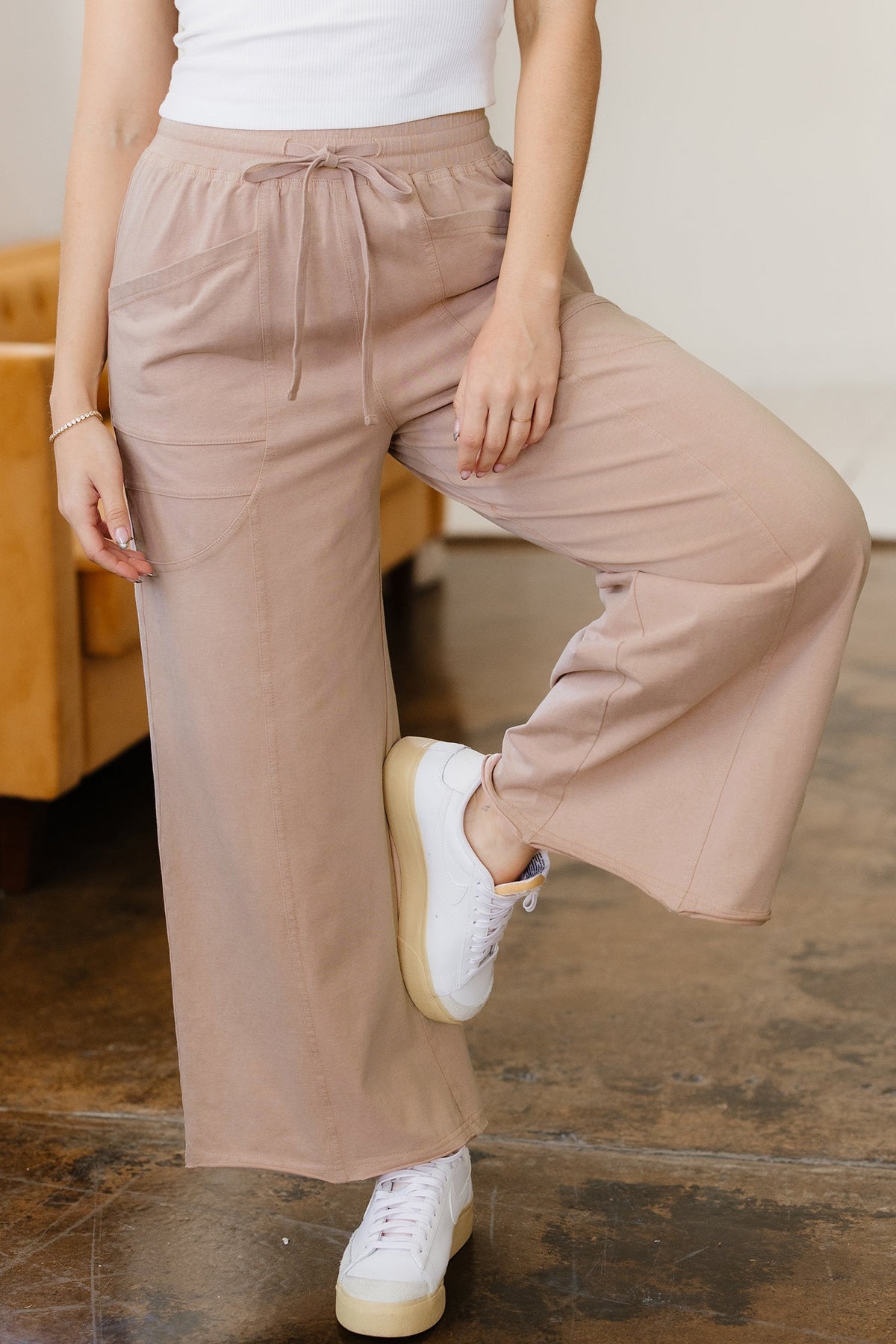 Solid Mineral Wash Pocketed Wide Leg Pants