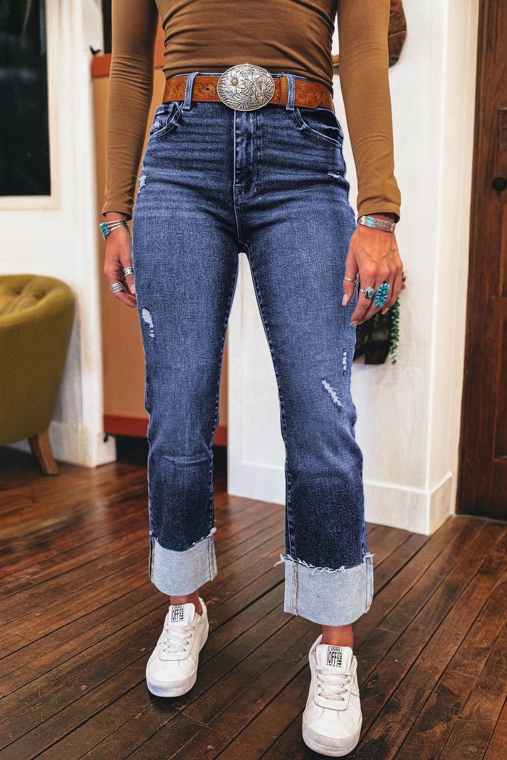 Jacy Cuffs Distressed Straight High Waist Jeans