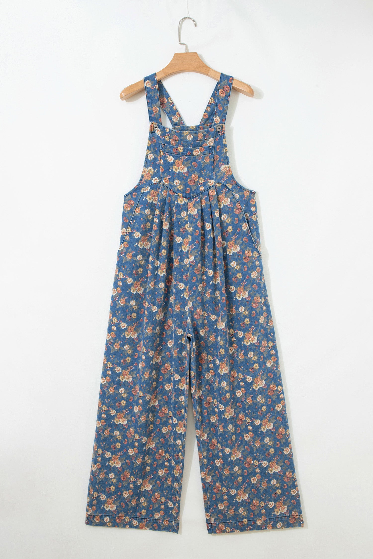 Floral Denim Pleated Wide Leg Jumpsuit