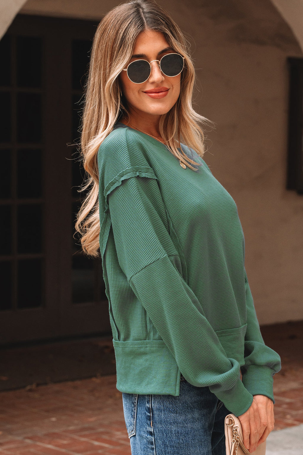 Solid Ribbed Raw Seam Patchwork Drop Shoulder Sweatshirt