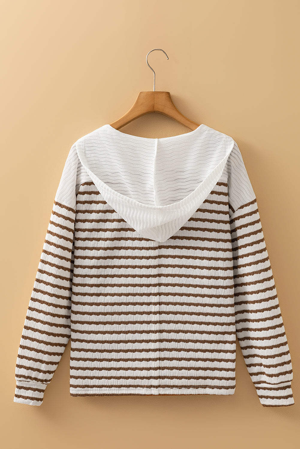 Stripe Textured Long Sleeve Hooded V-Neck Top