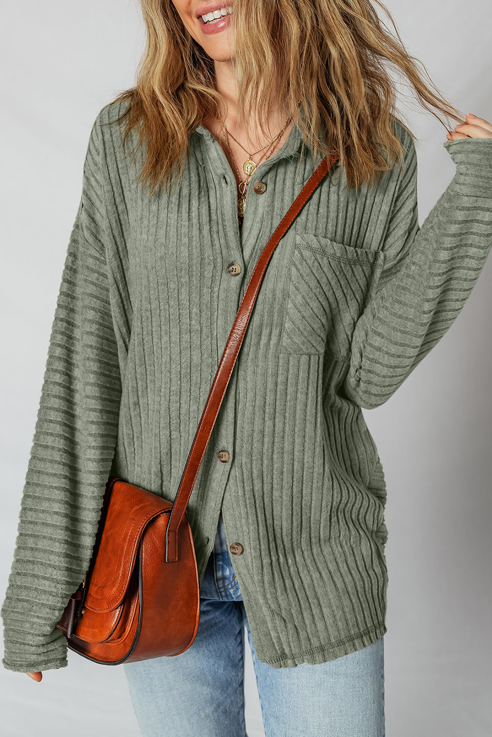Thermal Ribbed Button-Up Drop Shoulder Textured Shacket