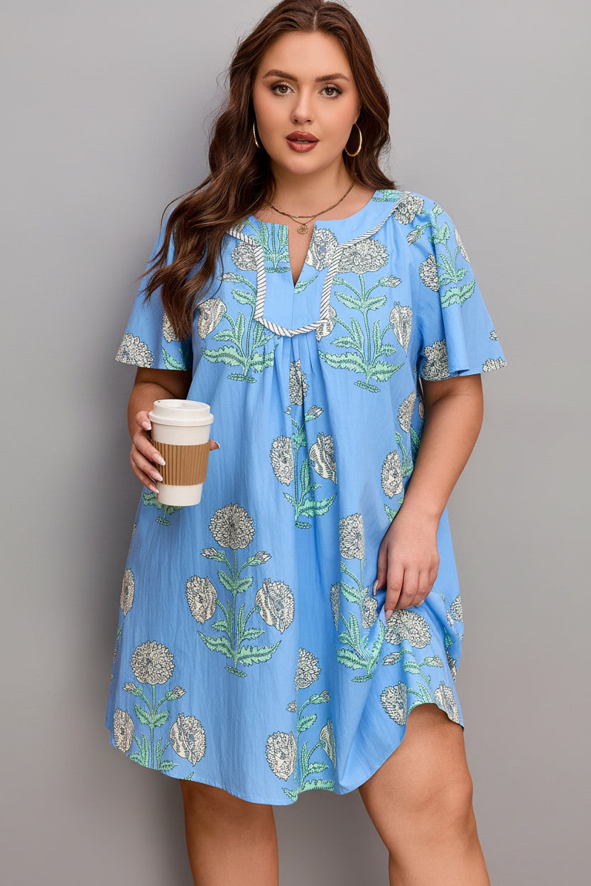 Plus Size Floral Stripe Contrast Short Sleeve Mini Dress