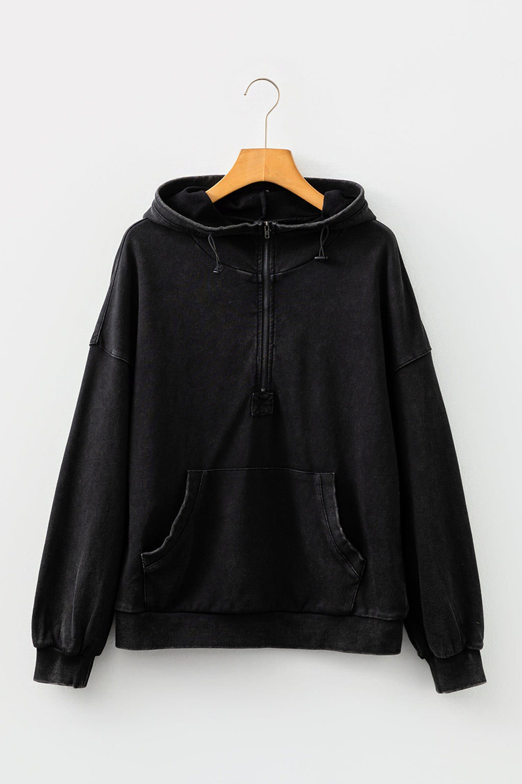 Solid Half-Zip Kangaroo Pocket Baggy Hoodie
