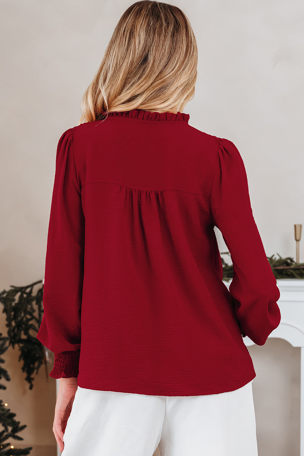 Solid Notched Neck Shirred Cuff Long Sleeve Blouse