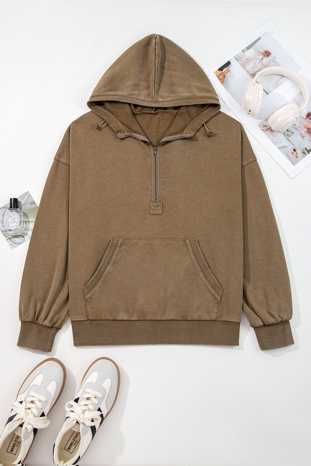 Solid Half-Zip Kangaroo Pocket Baggy Hoodie