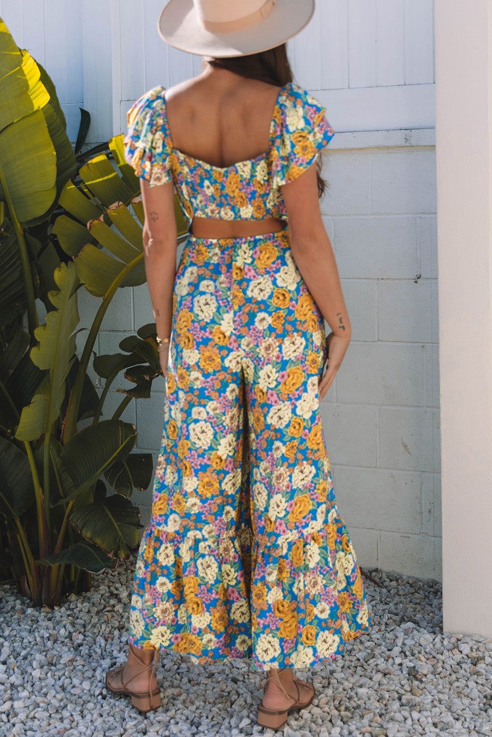 Floral Shirred High Waist Cut Out Jumpsuit
