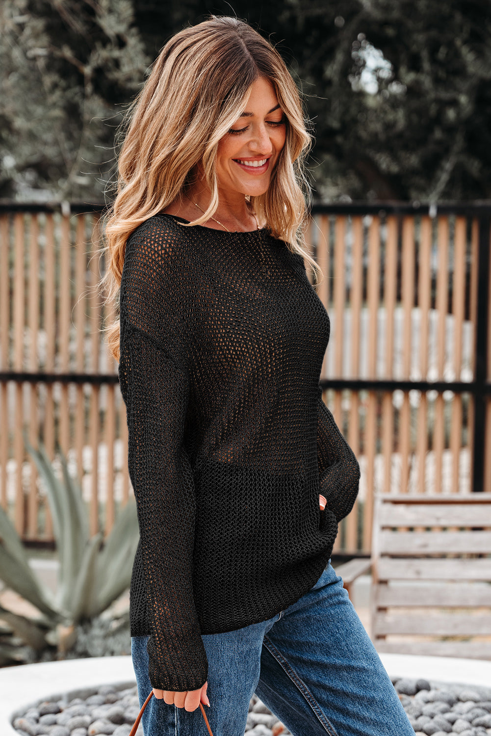 Solid Crochet Hollow-Out Sweater