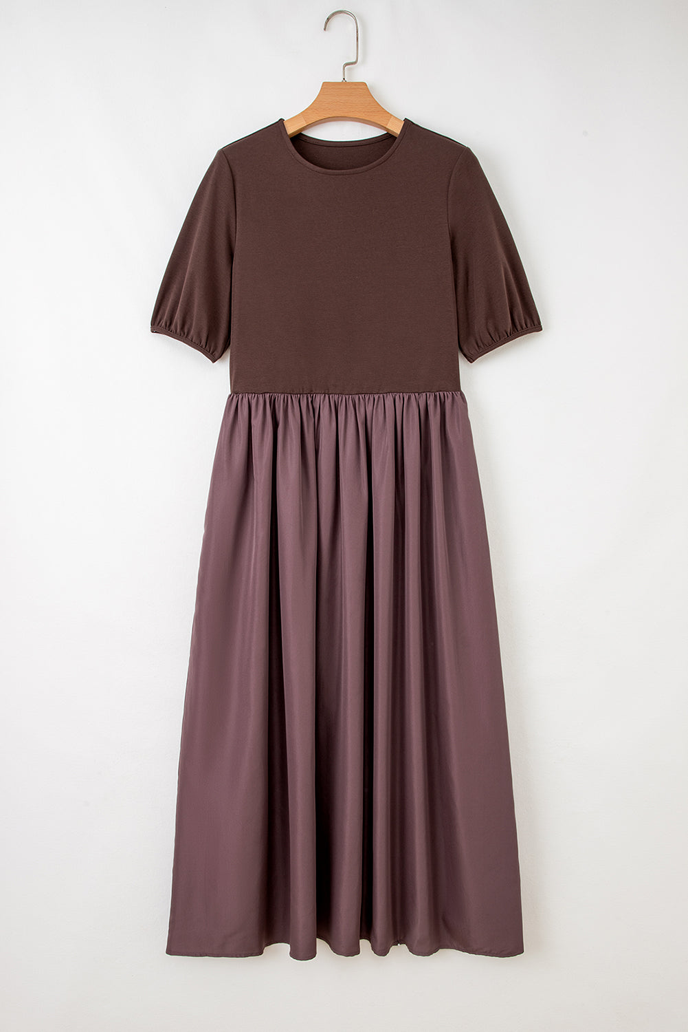 Patchwork Knit Short Sleeve Pleated Maxi Dress