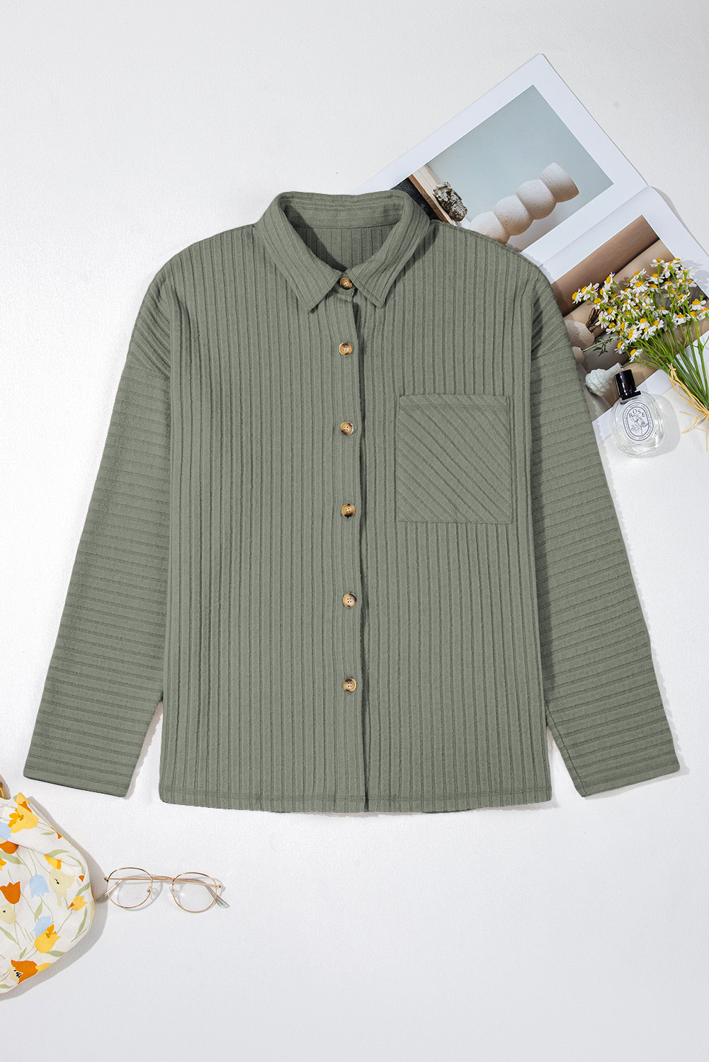 Thermal Ribbed Button-Up Drop Shoulder Textured Shacket