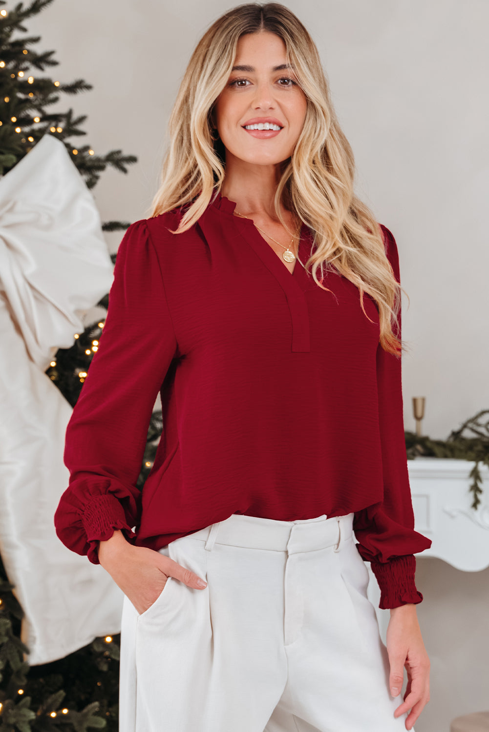 Solid Notched Neck Shirred Cuff Long Sleeve Blouse