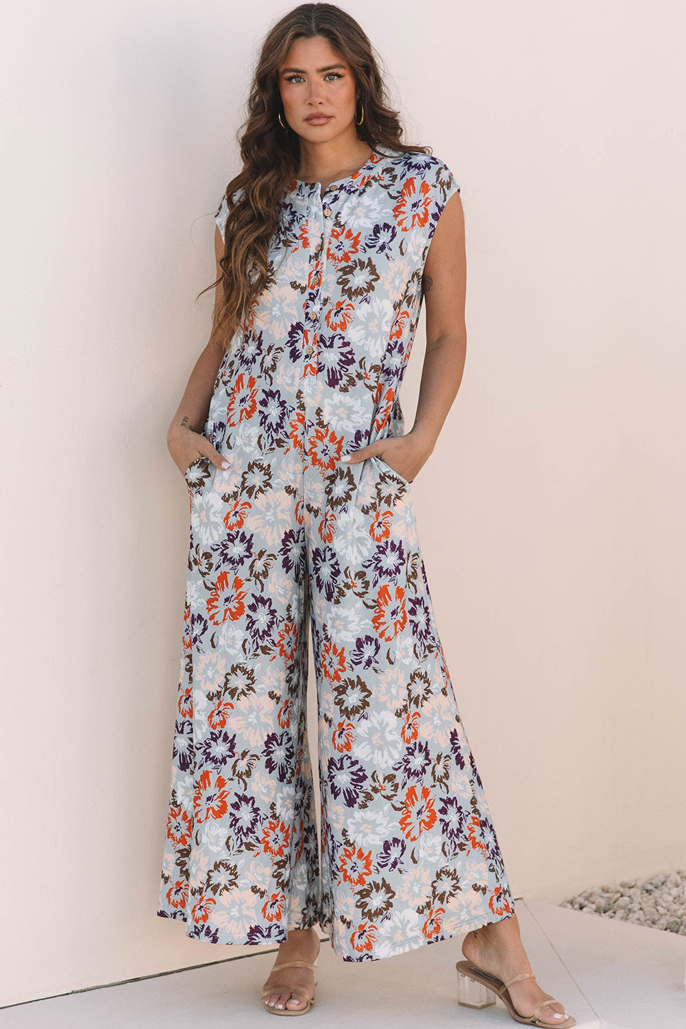 Floral Buttoned Sleeveless Wide Leg Jumpsuit