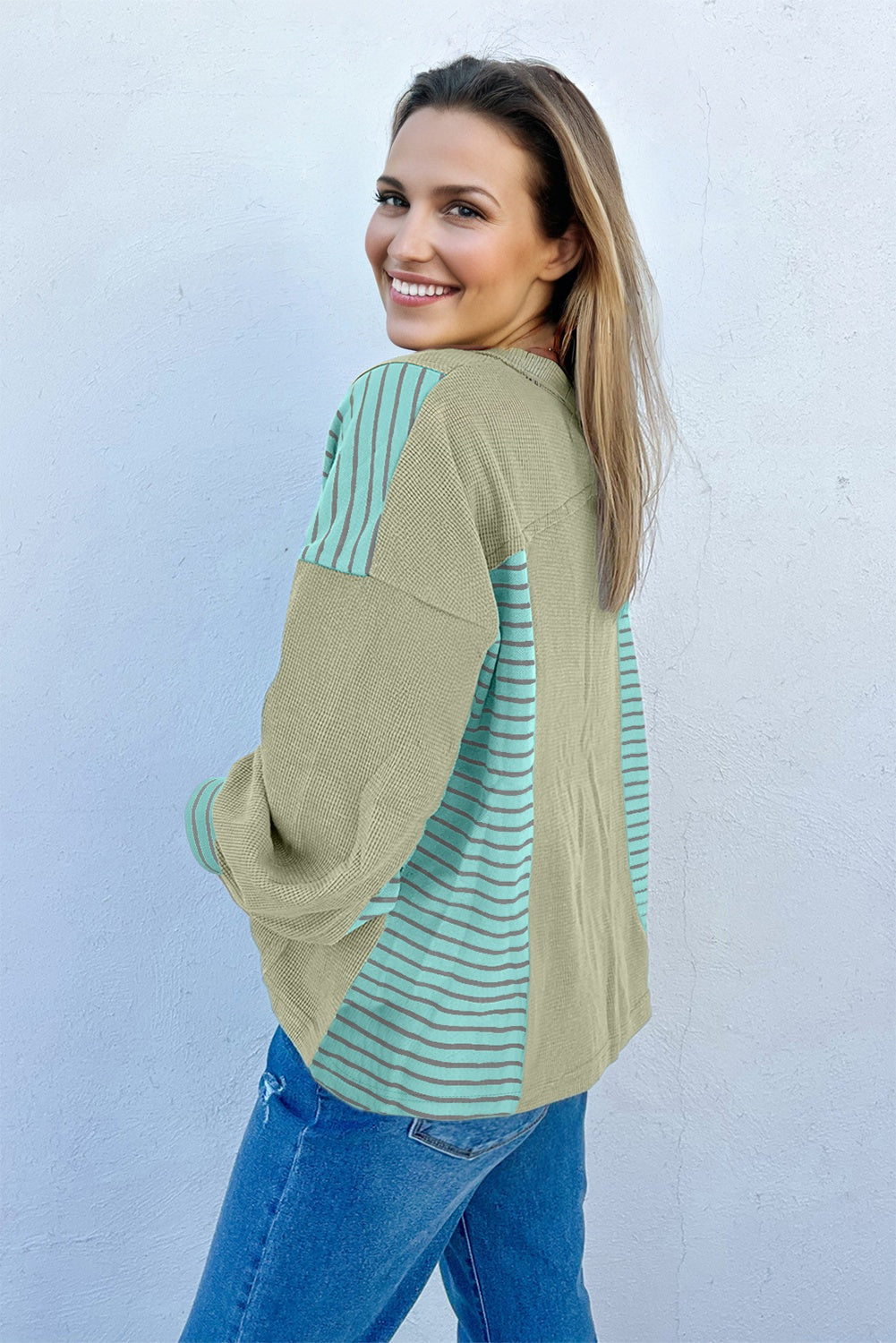 Stripe Patchwork Waffle Knit V-Neck Pullover