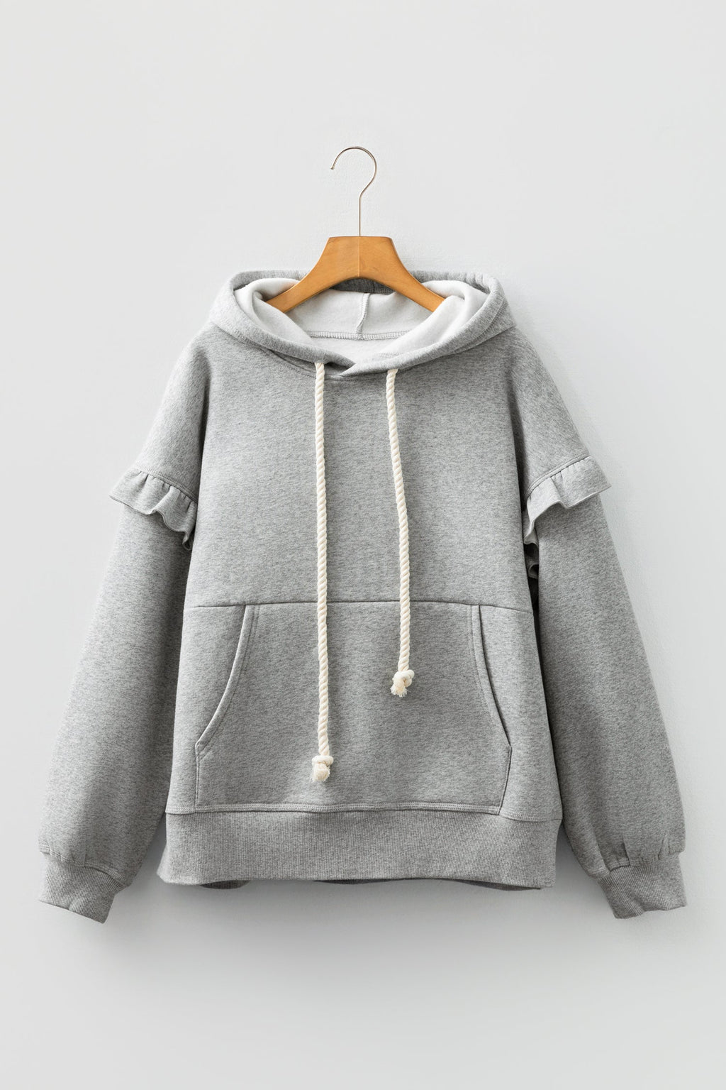 Contrast Rope Drawstring Ruffle Drop Shoulder Hoodie
