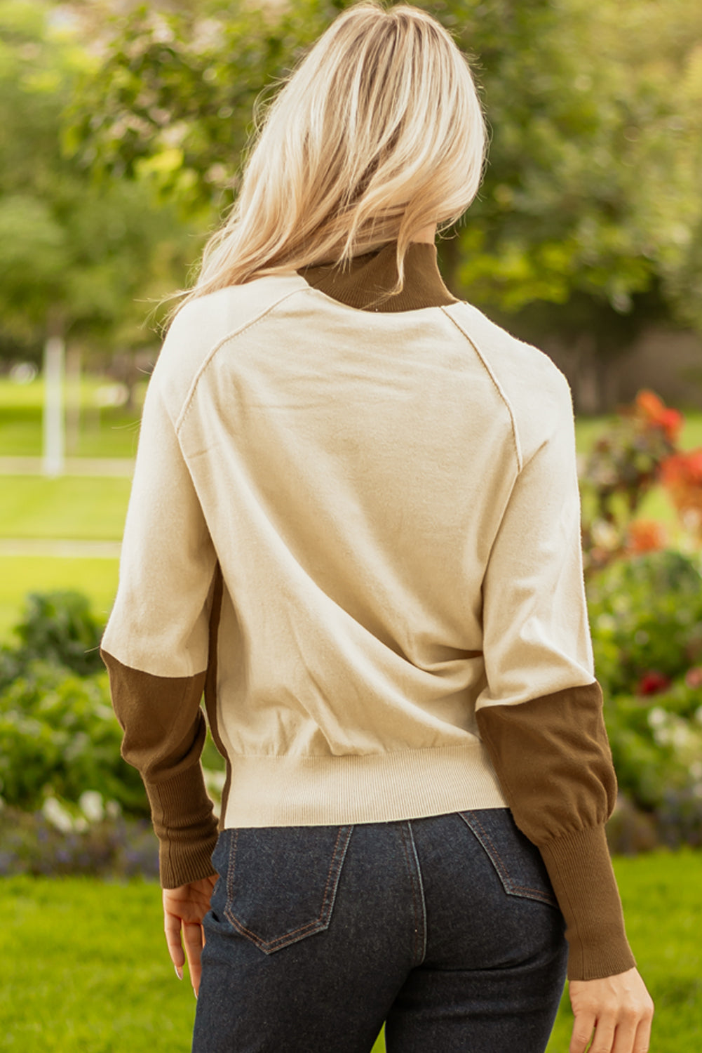 Colorblock Raglan Puff Sleeve Mock Neck Sweater