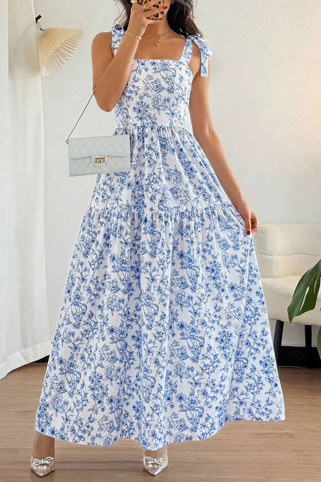 Floral Tie Strap Flared Maxi Dress