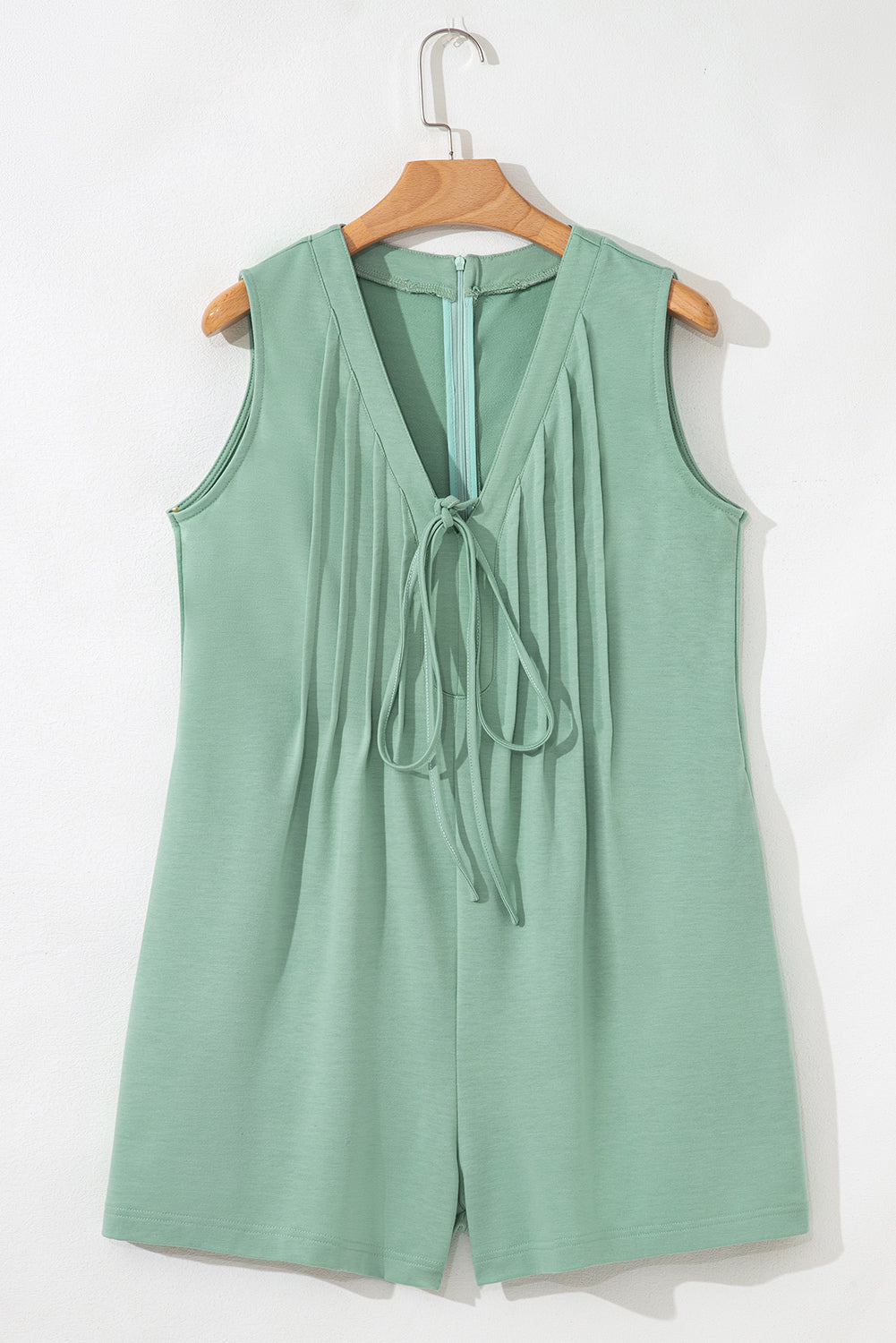 Solid Tie V-Neck Pintuck Sleeveless Romper
