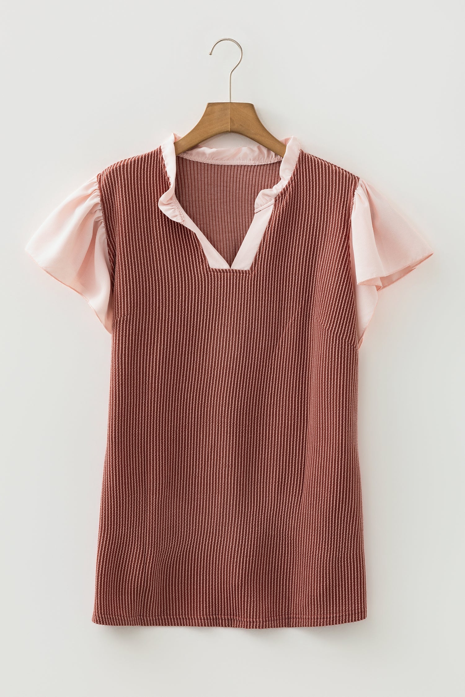 Plus Size Colorblock Corded Knit Ruffle Sleeve Blouse