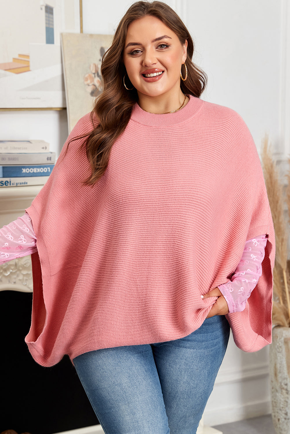 Plus Size Ribbed Knit Crewneck Poncho Sweater