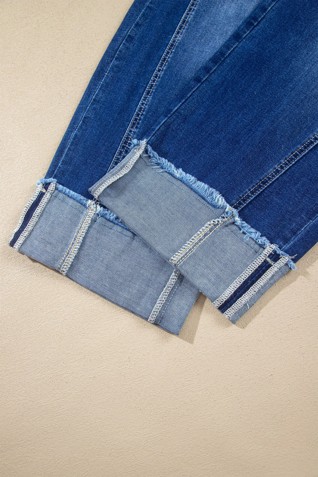 Solid Denim Folded Raw Hem High Waist Jeans