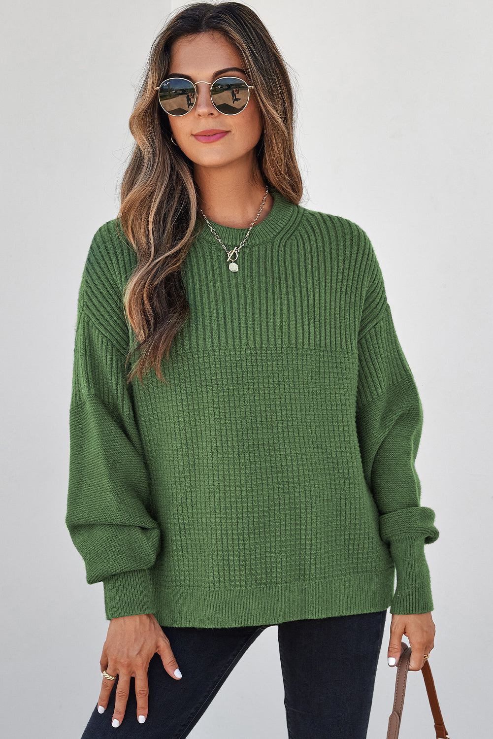 Solid Textured Knit Crewneck Sweater