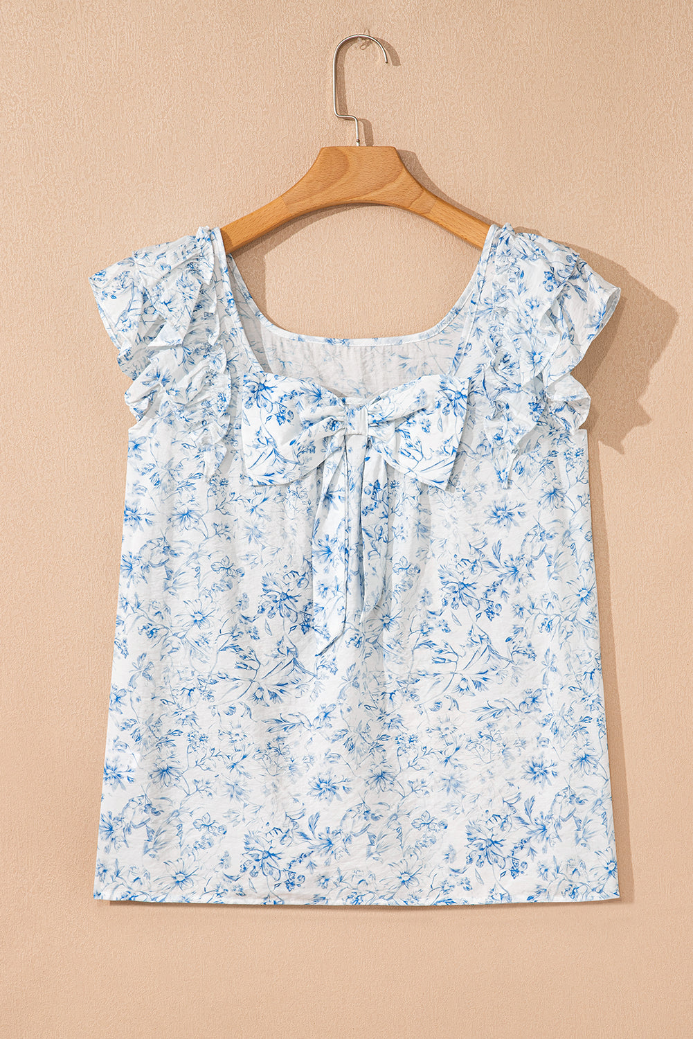 Floral Bow-Back Square Neck Ruffle Sleeve Blouse