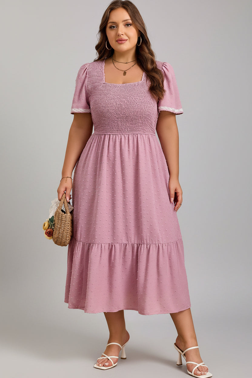 Plus Size Swiss Dot Smocked Flowy Midi Dress