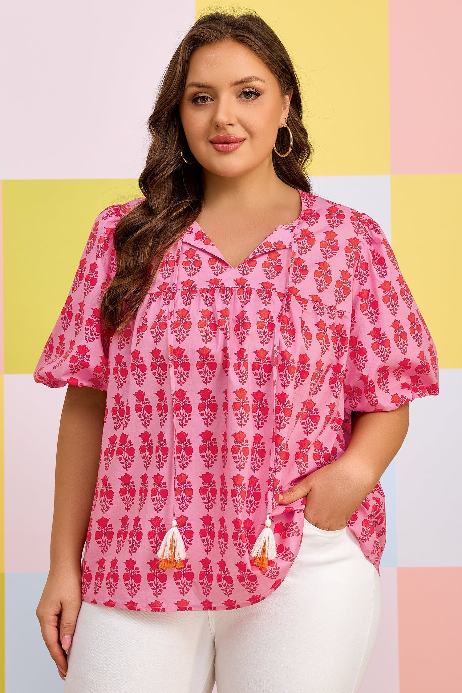 Plus Size Floral Tassel Tie Puff Sleeve Blouse