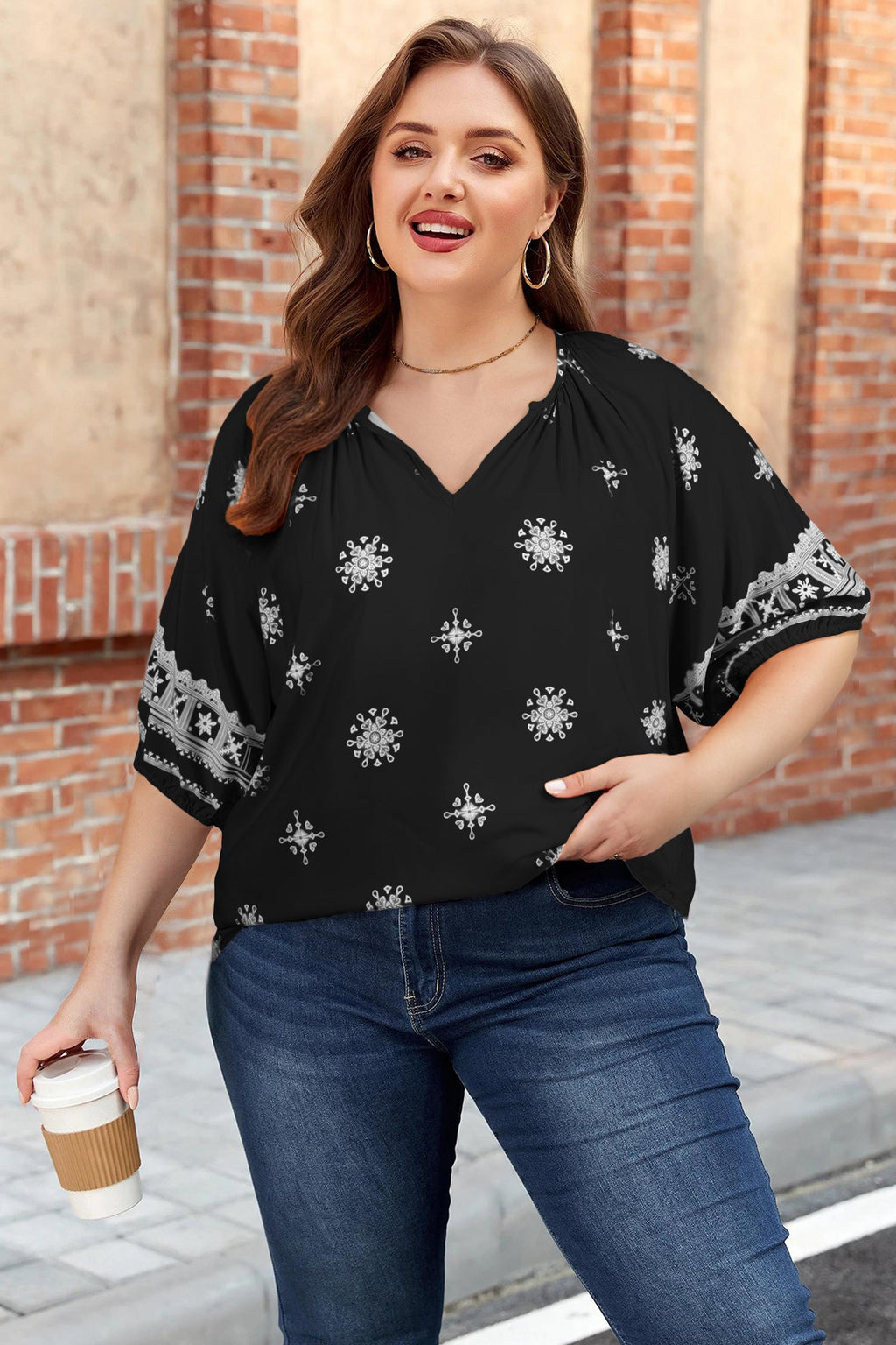 Plus Size Boho Floral Boho Notch V-Neck Top