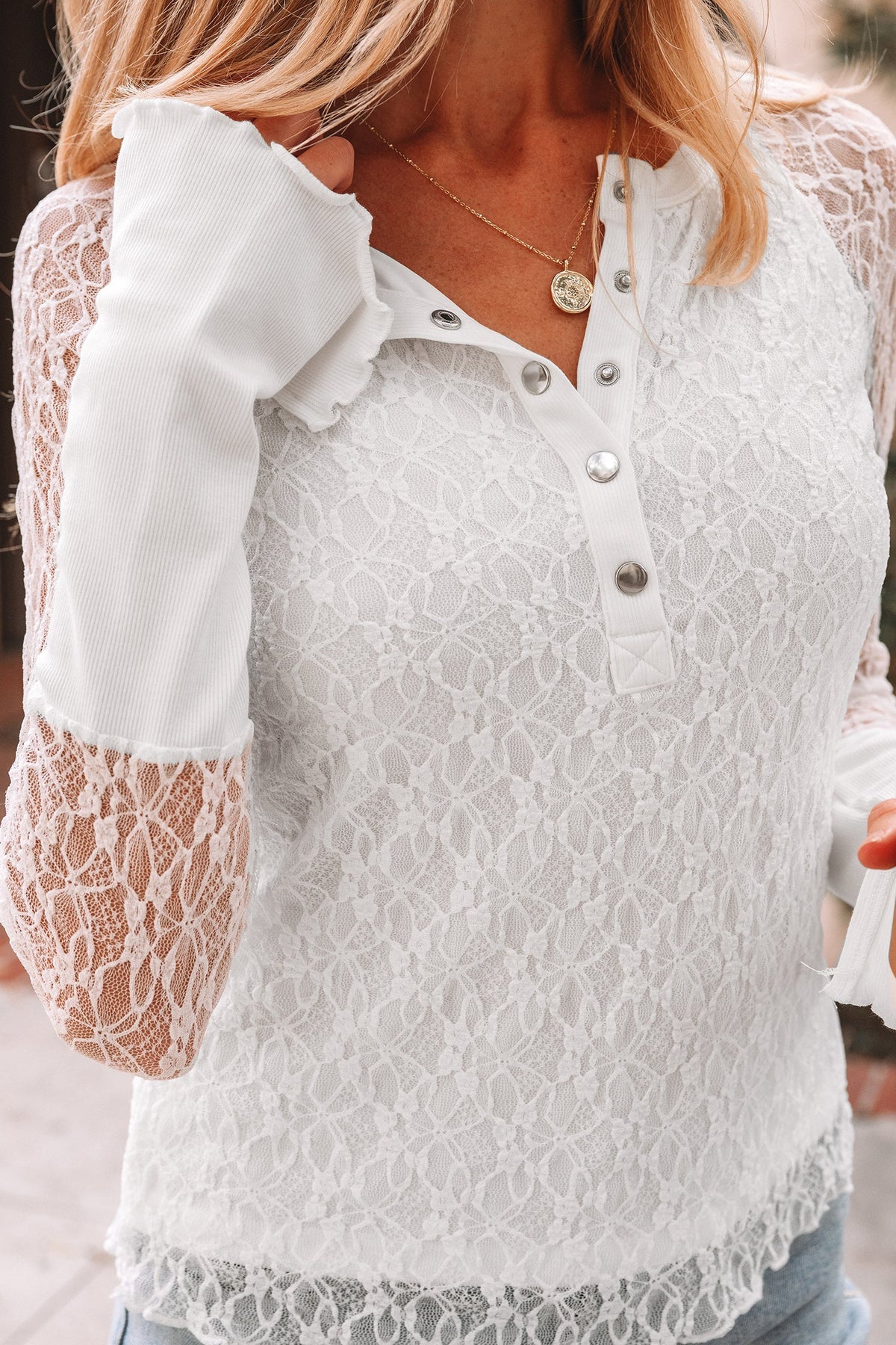 Lace Sheer Long Sleeve Henley Top