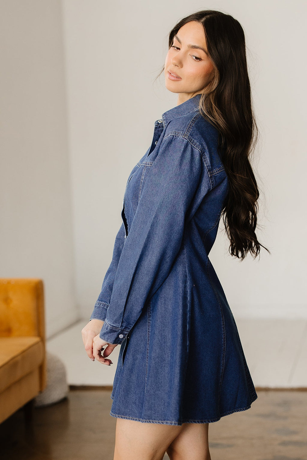 Denim Shirt Collar Long Sleeve Mini Dress