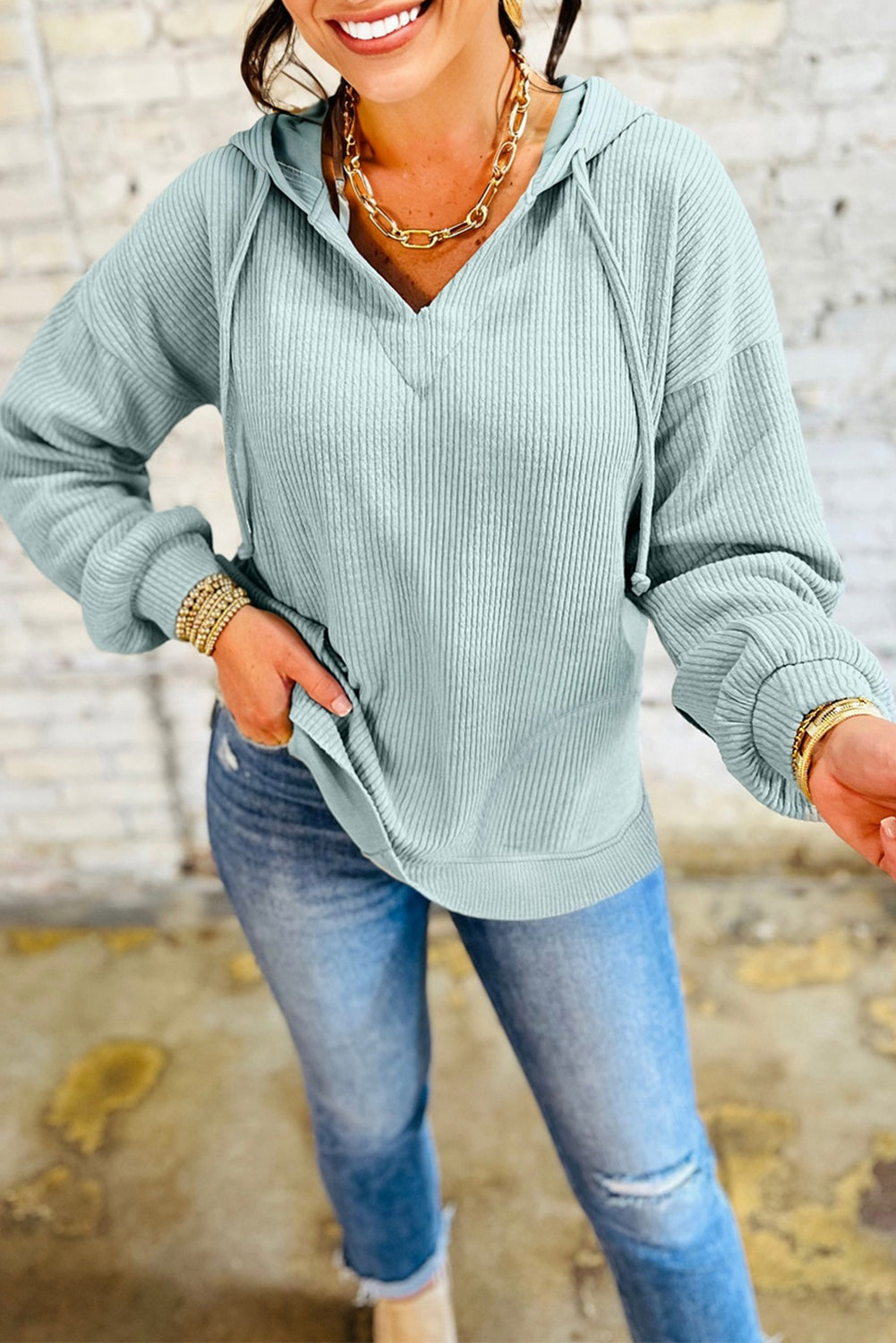 Solid Ribbed Drop Shoulder Hoodie