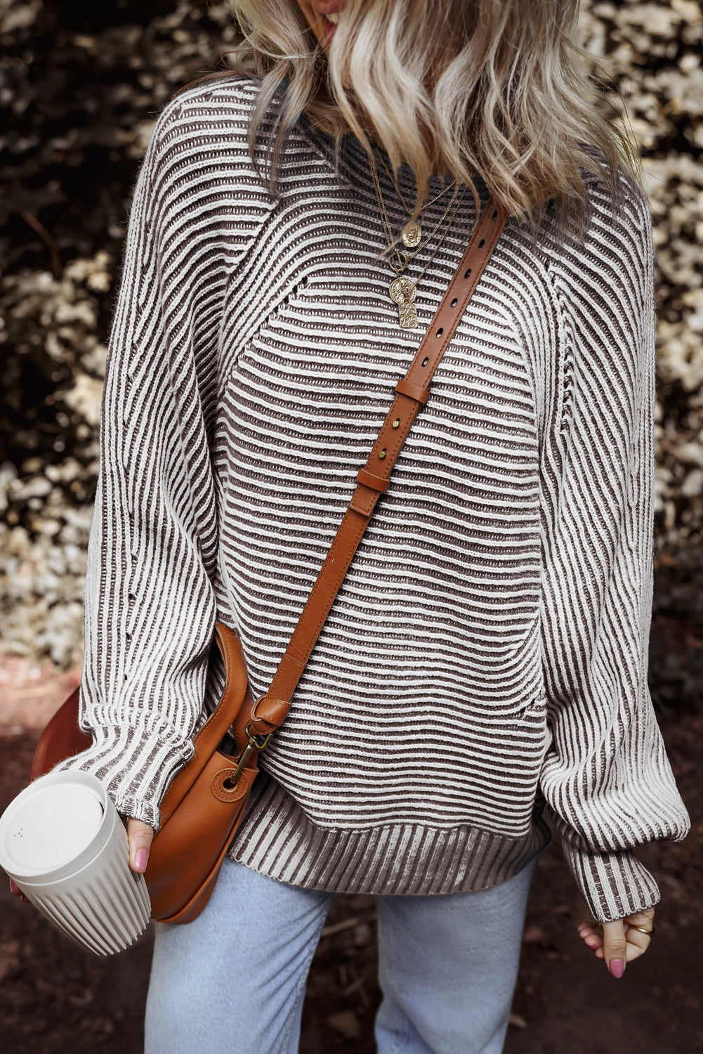 Stripe Ribbed Knit Boat Neck Sweater