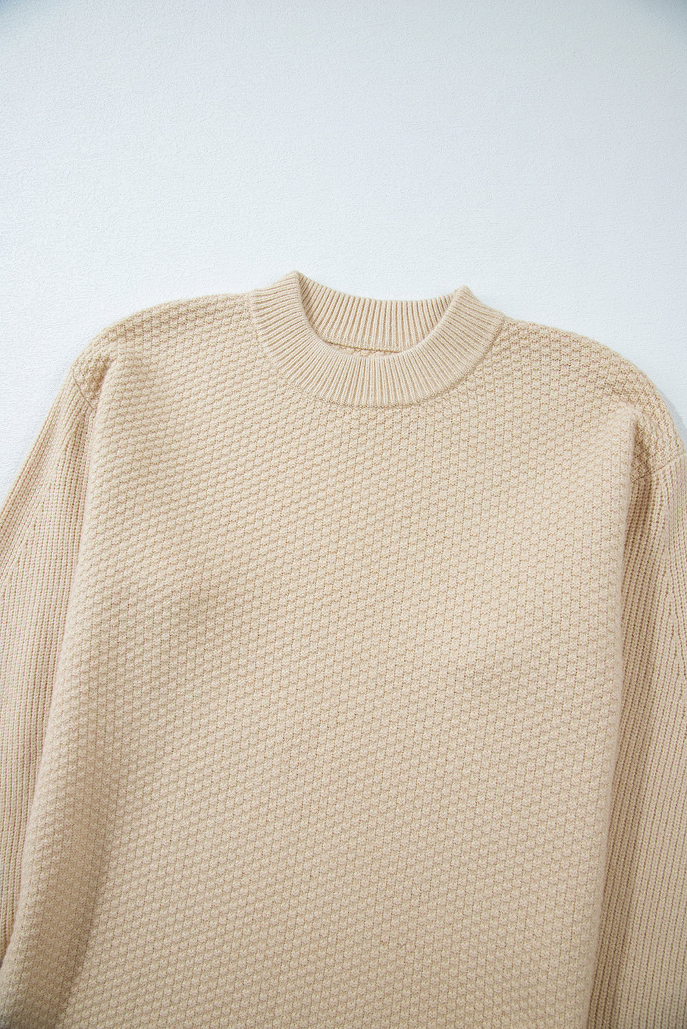 Solid Textured Knit Split Cuff Drop Shoulder Sweater