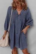 Denim 3/4 Sleeve Tied V-Neck Pleated Mini Dress