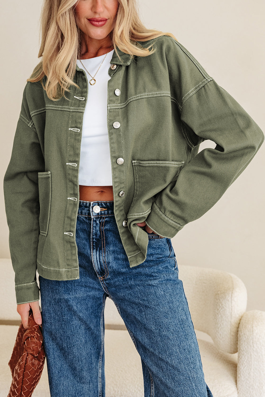 Denim Button-Up Patch Pocket Collared Jacket