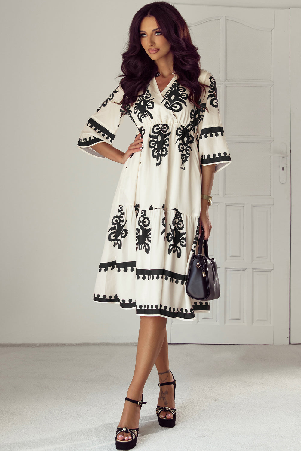Western Geometric 3/4 Sleeve Midi Dress