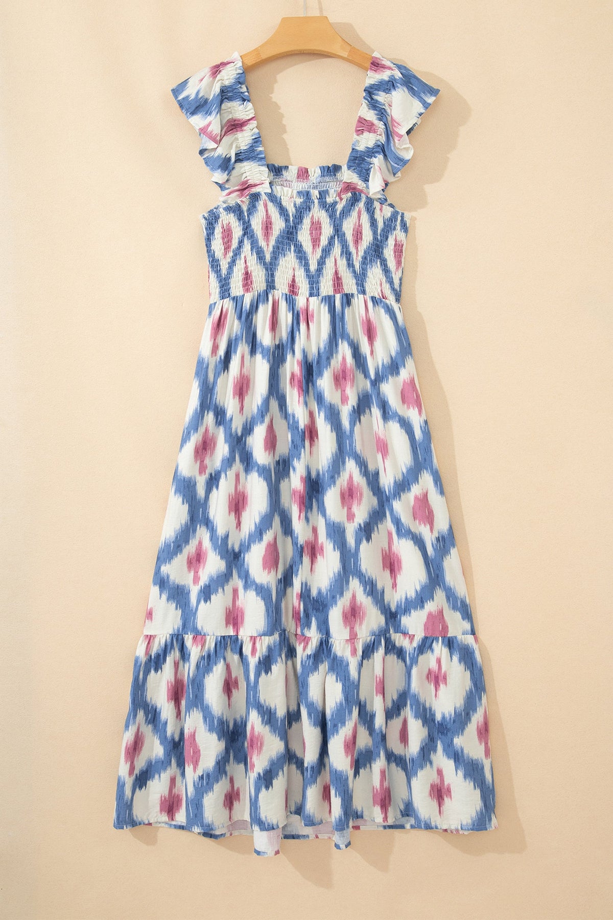 Boho Geometric Smocked Square Neck Ruffle Dress